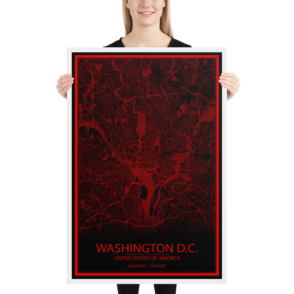 Washington, D.C. Black and Red Framed Map