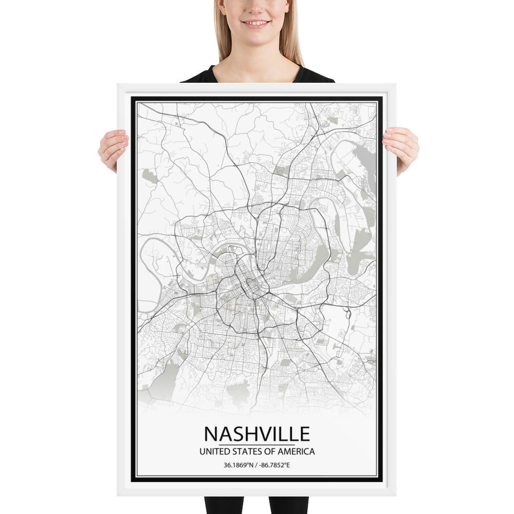 Nashville White Framed Map