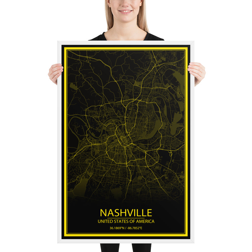 Nashville Black and Yellow Framed Map