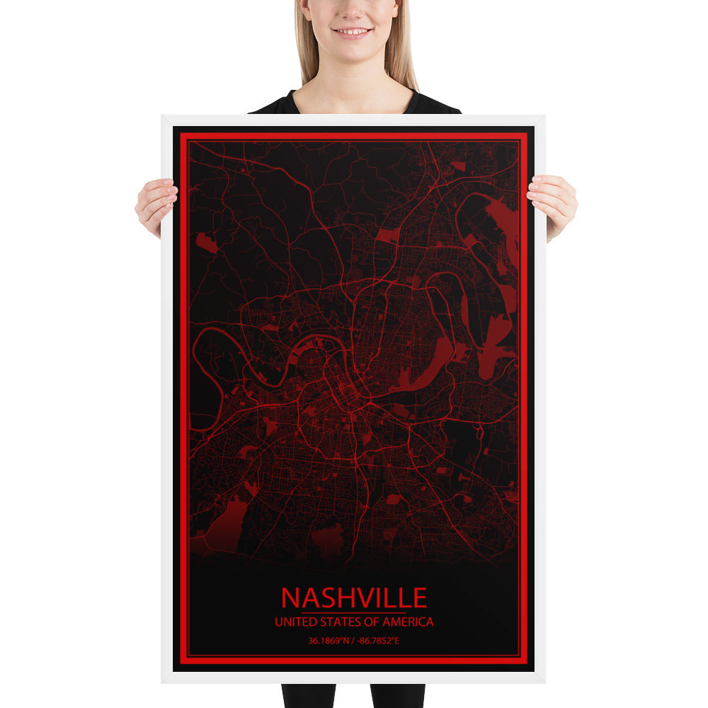 Nashville Black and Red Framed Map