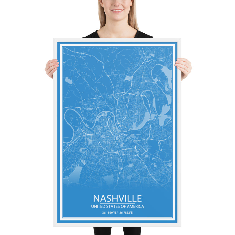 Nashville Blue and White Framed Map