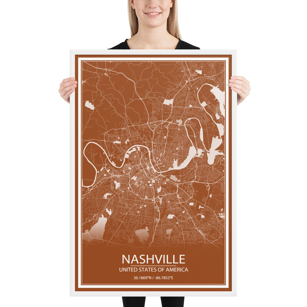 Nashville Brown and White Framed Map