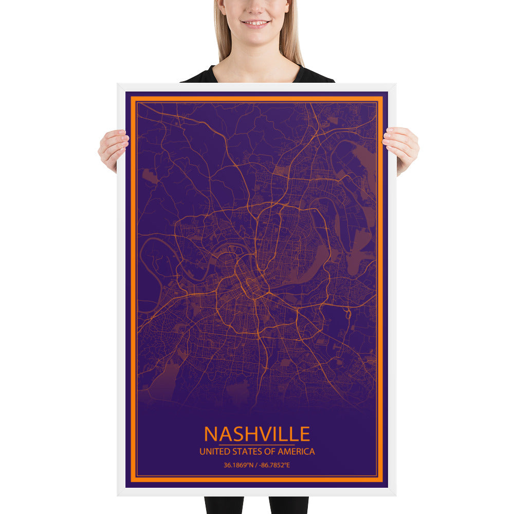 Nashville Purple and Orange Framed Map