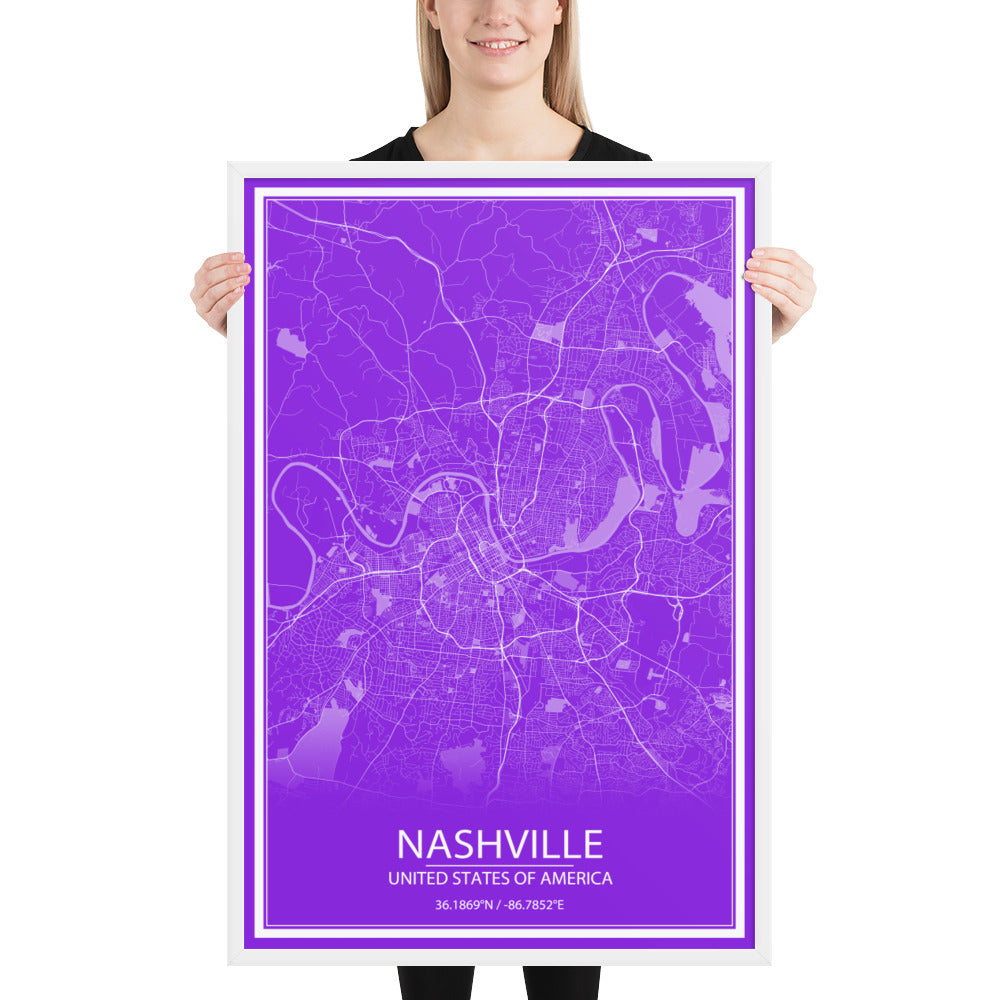 Nashville Purple and White Framed Map