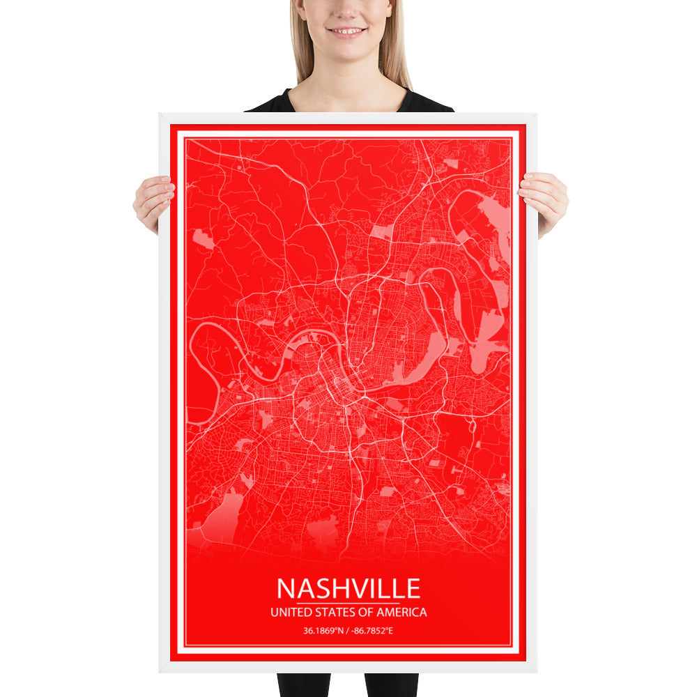 Nashville Red and White Framed Map