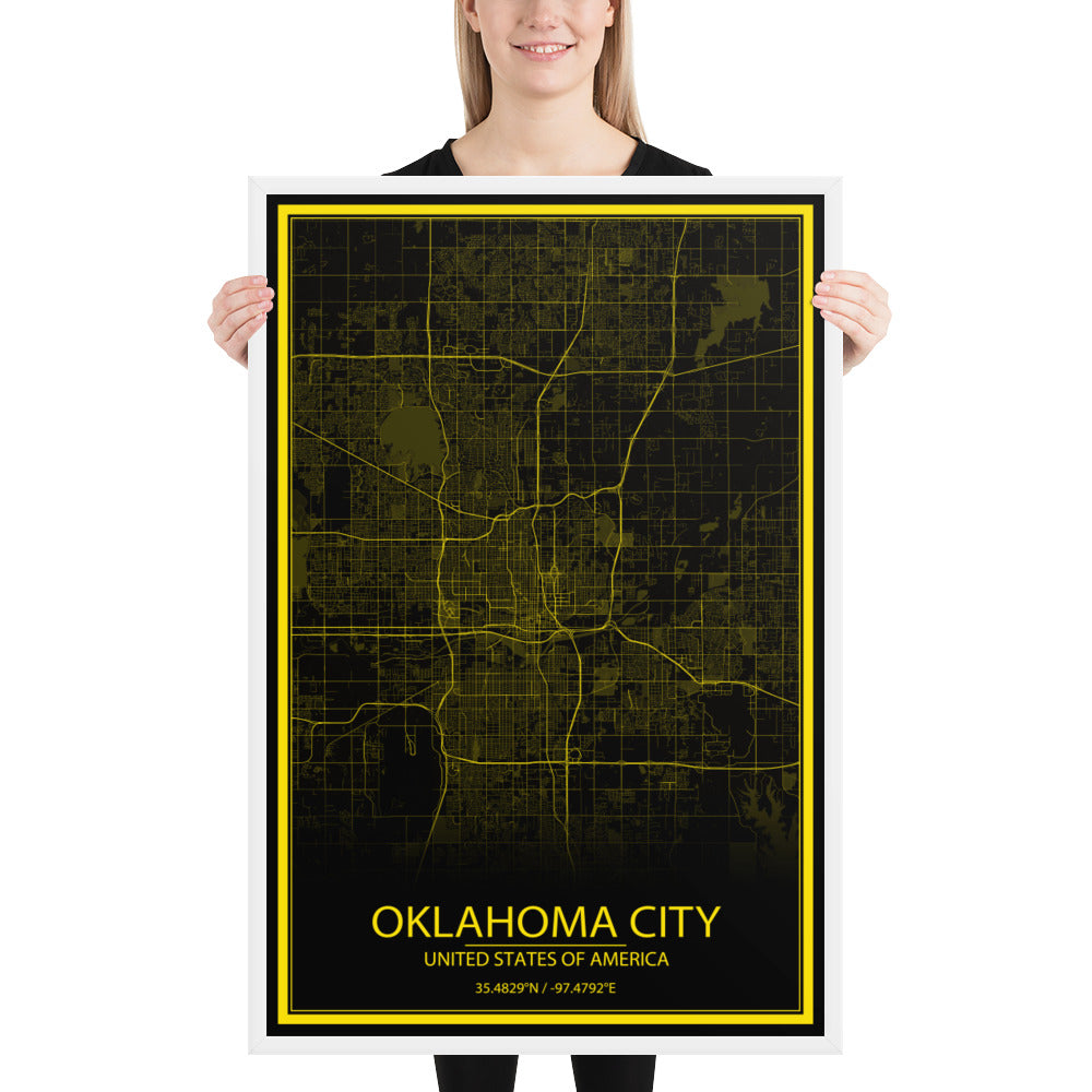 Oklahoma City Black and Yellow Framed Map