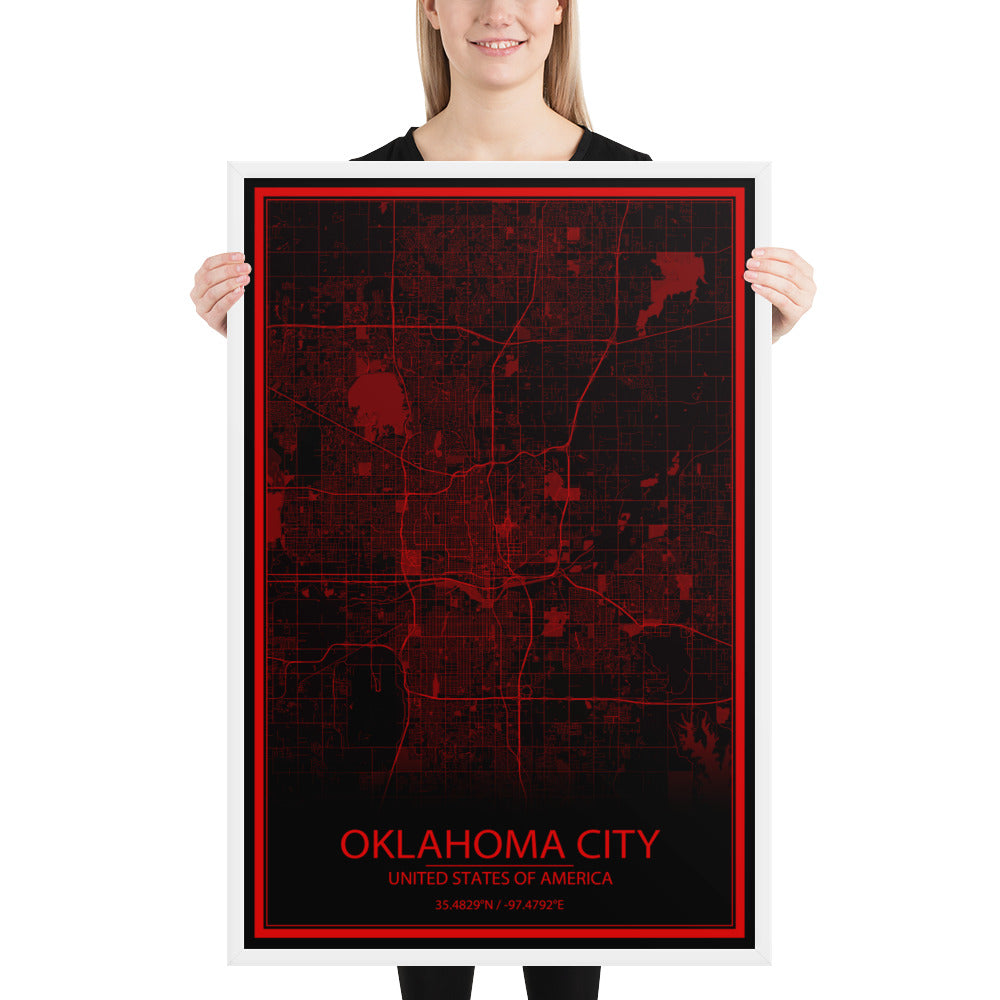 Oklahoma City Black and Red Framed Map