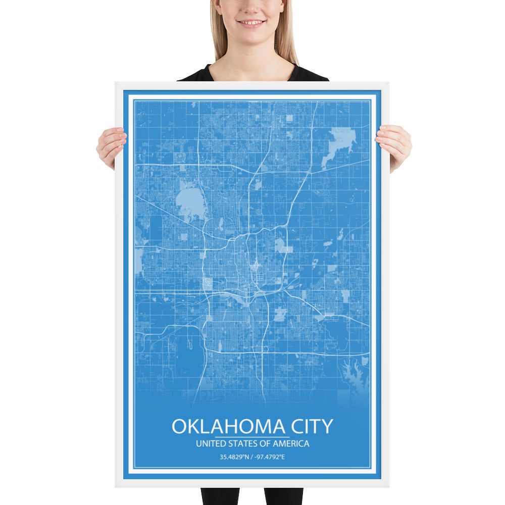 Oklahoma City Blue and White Framed Map