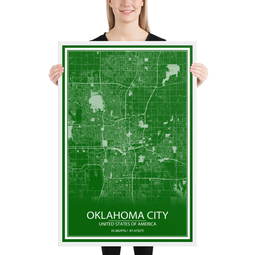 Oklahoma City Green and White Framed Map