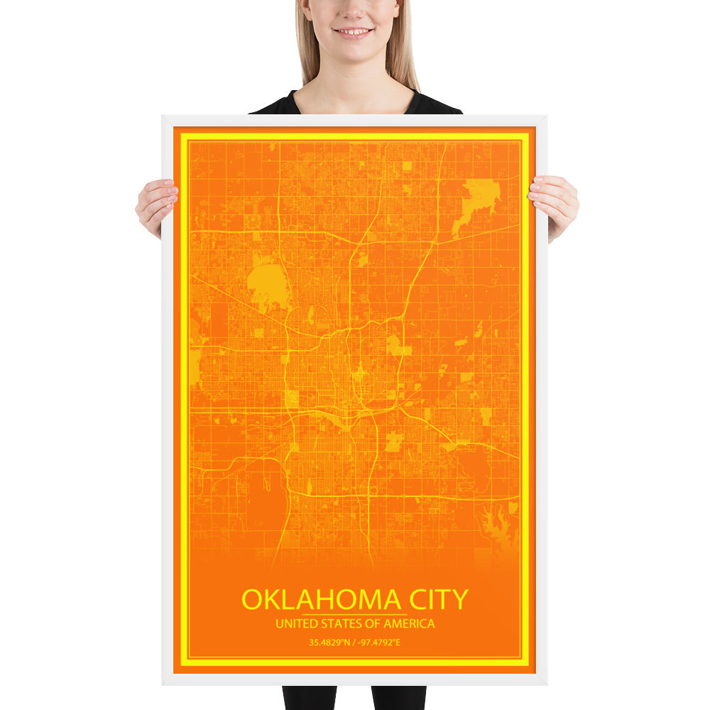 Oklahoma City Orange and Yellow Framed Map