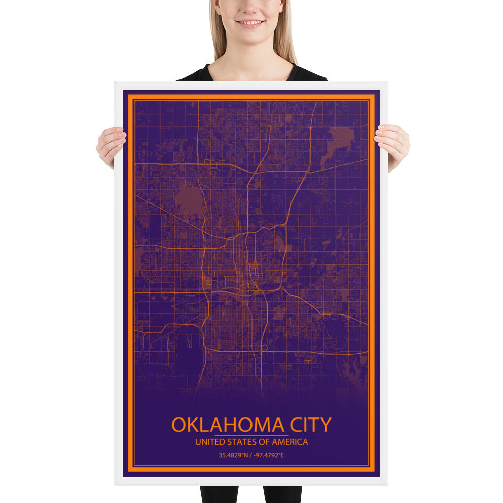 Oklahoma City Purple and Orange Framed Map