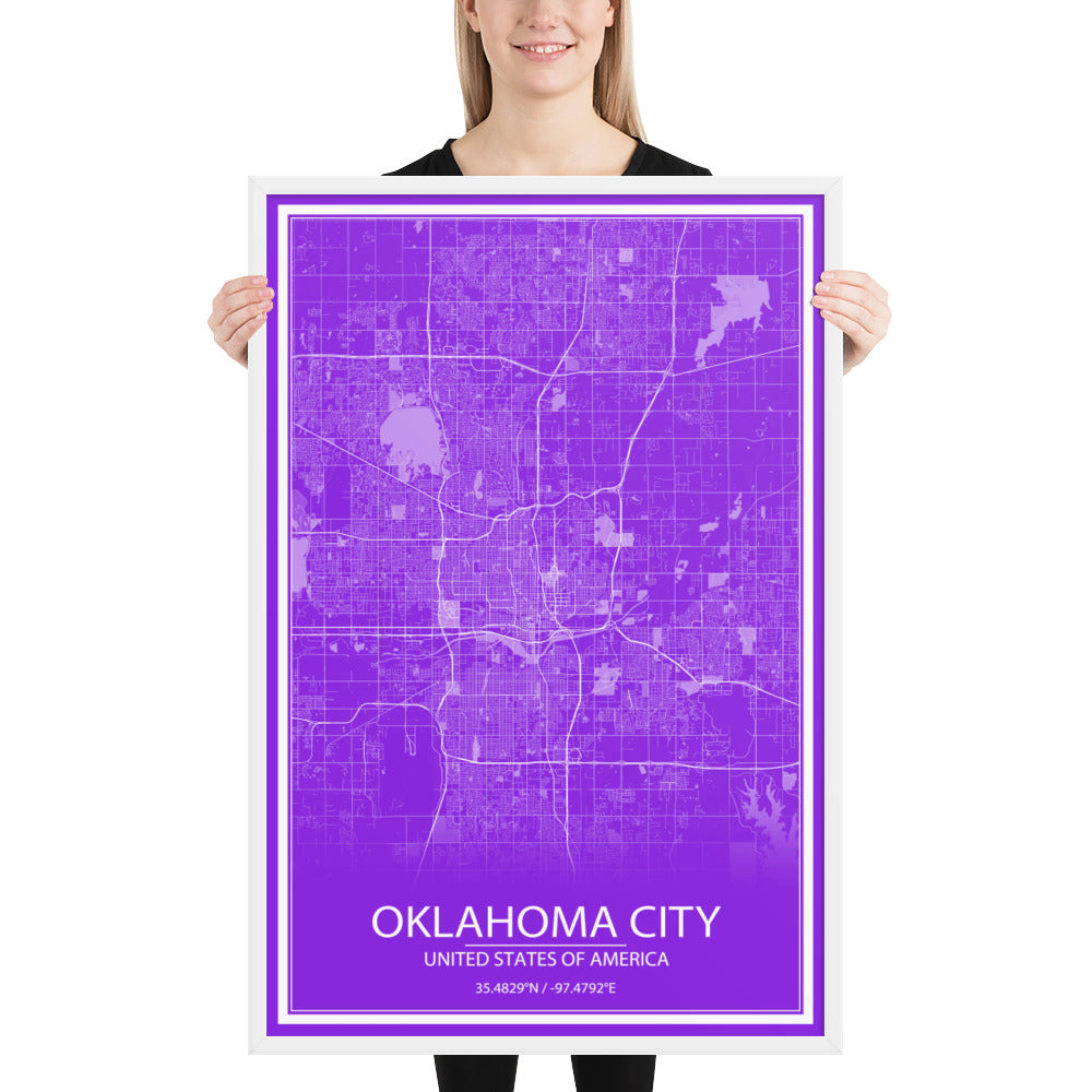 Oklahoma City Purple and White Framed Map