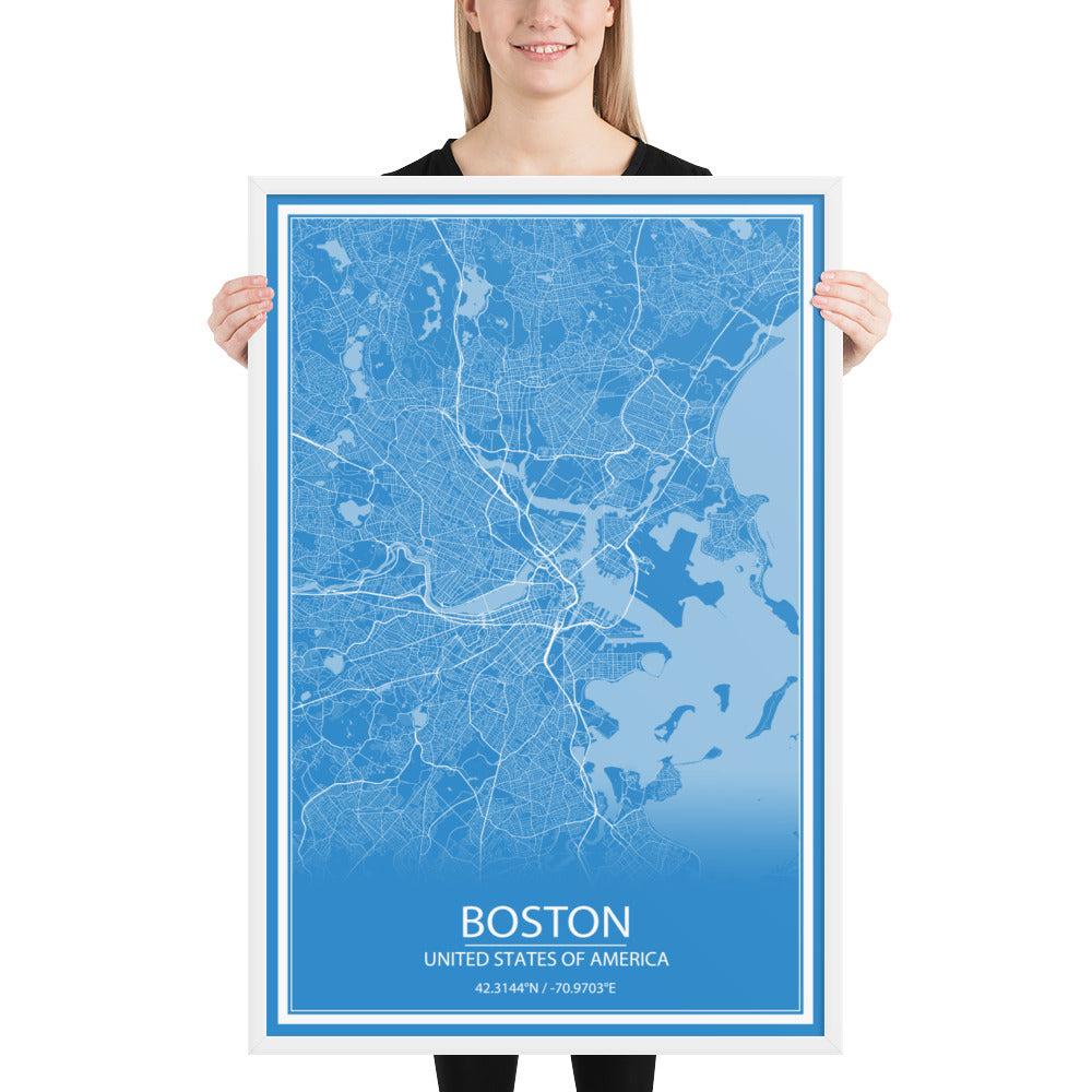 Boston Blue and White Framed Map