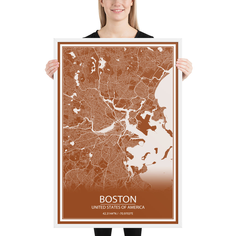 Boston Brown and White Framed Map