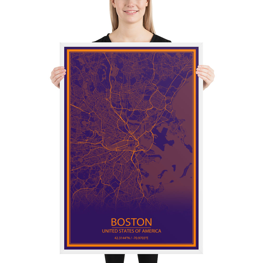 Boston Purple and Orange Framed Map