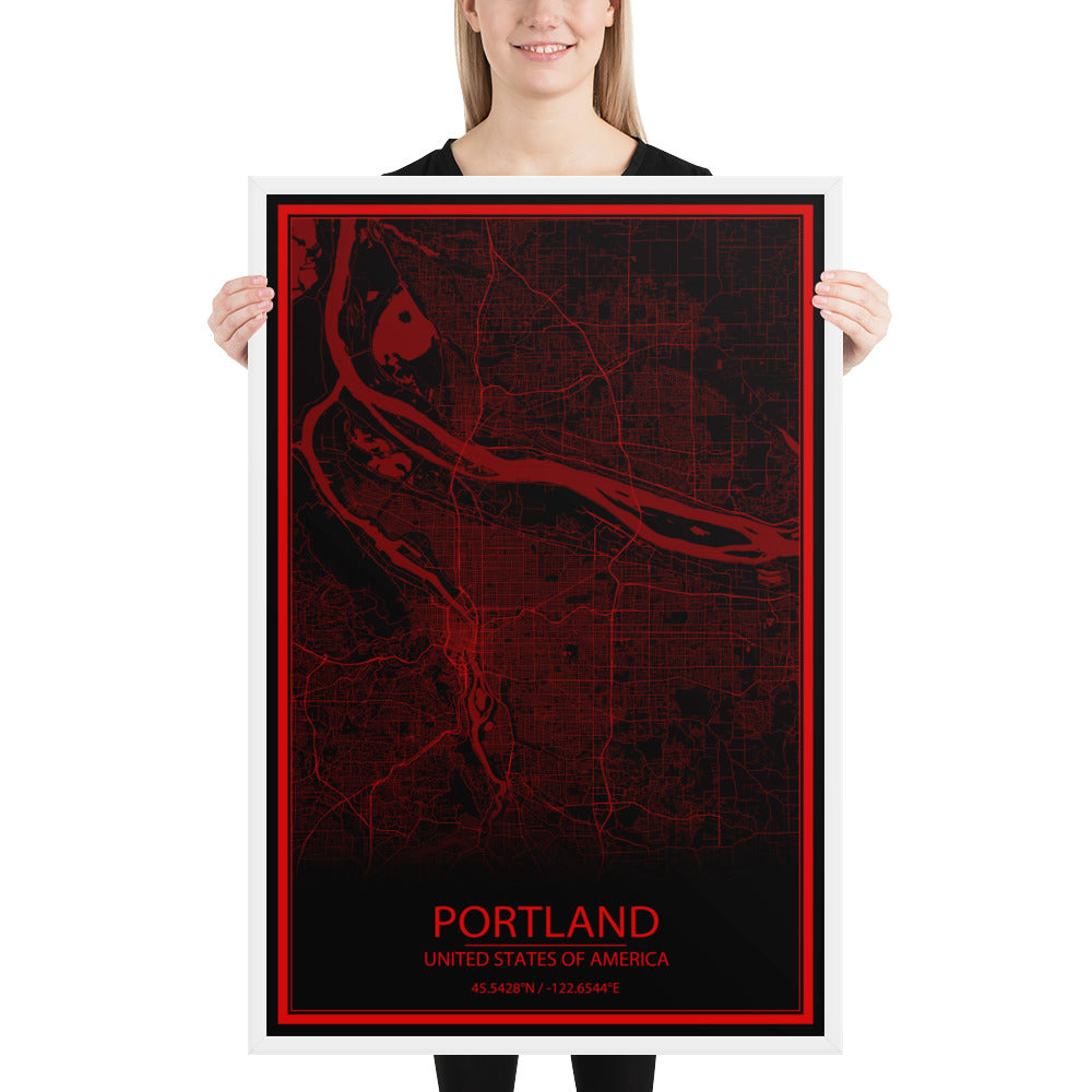 Portland Black and Red Framed Map