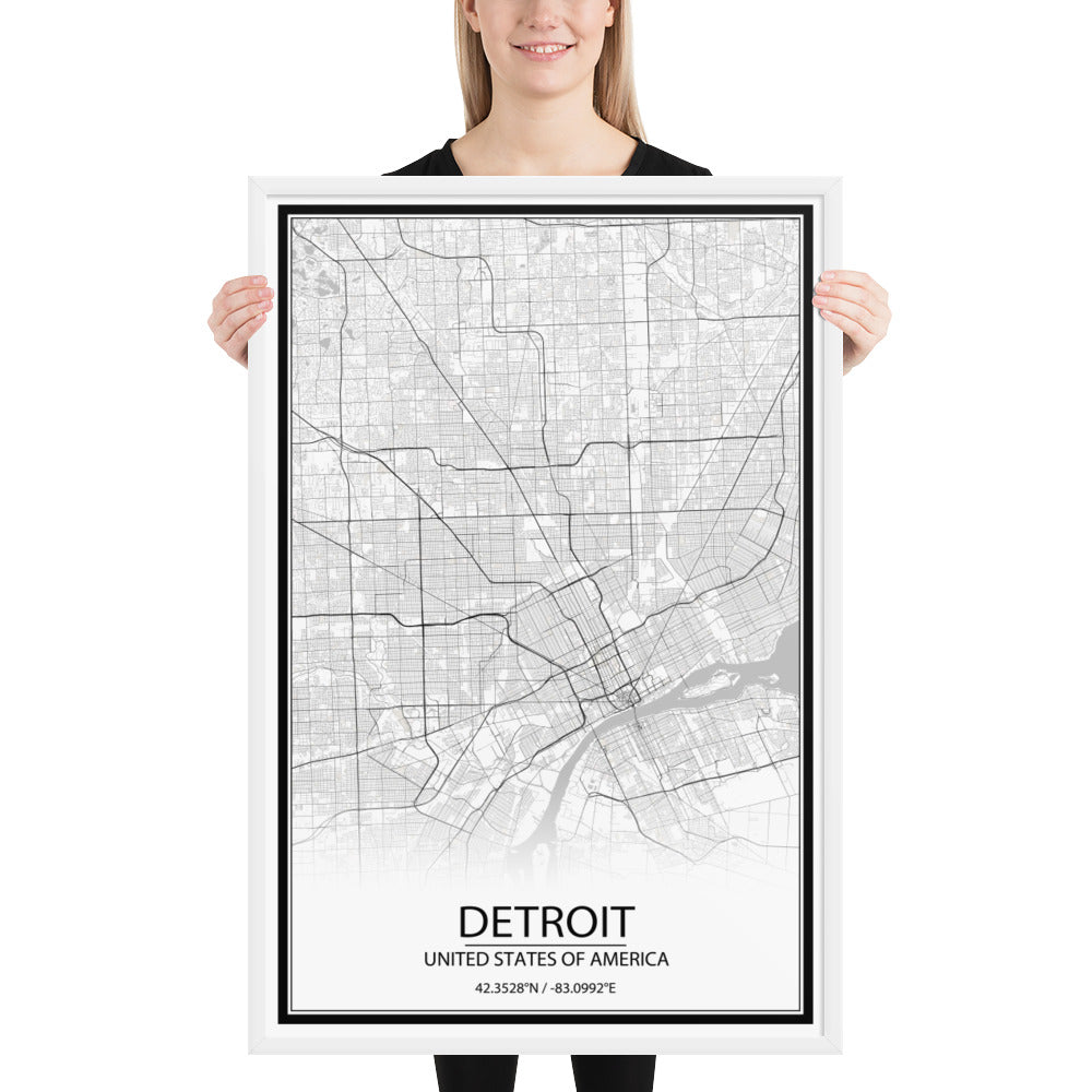 Detroit White Framed Map