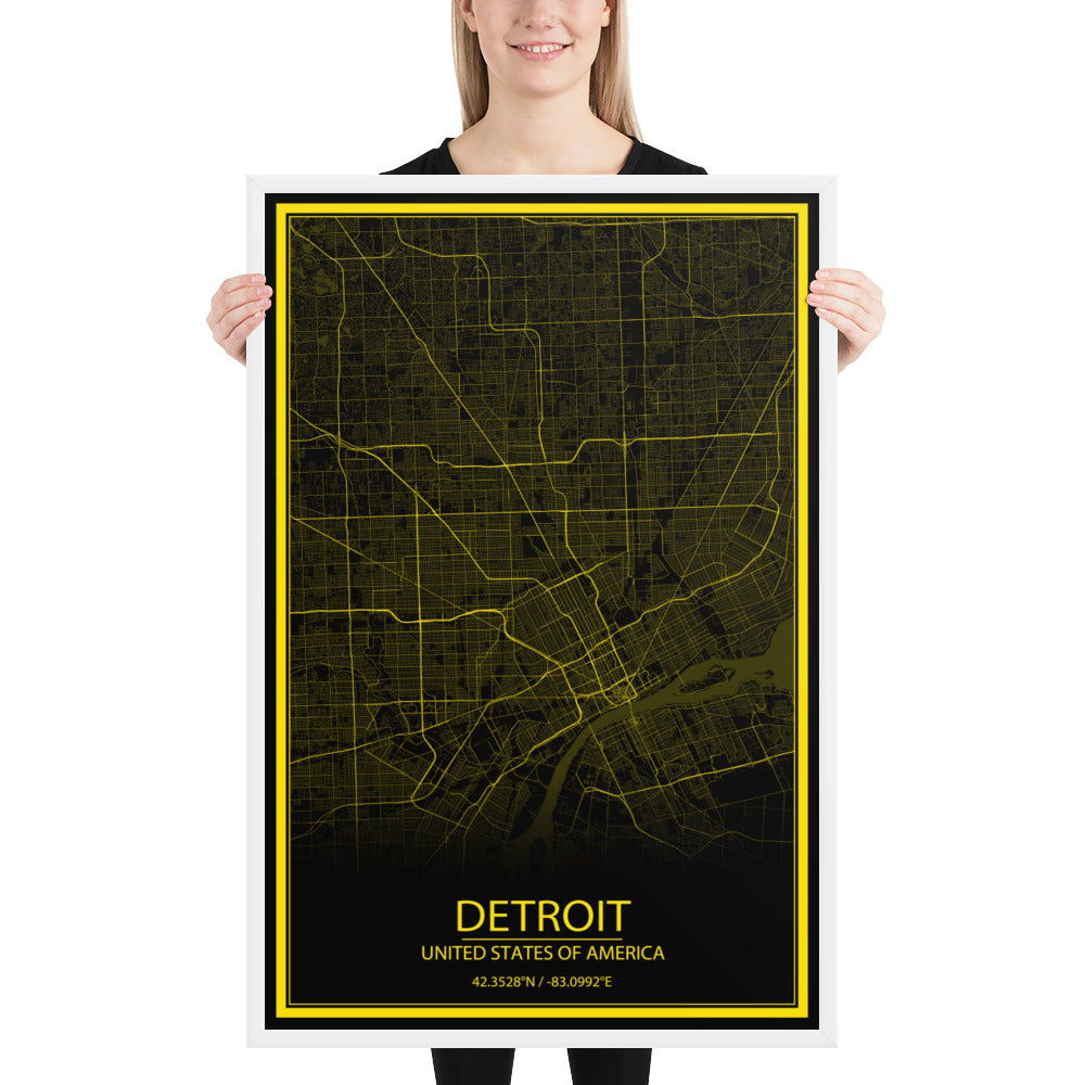 Detroit Black and Yellow Framed Map