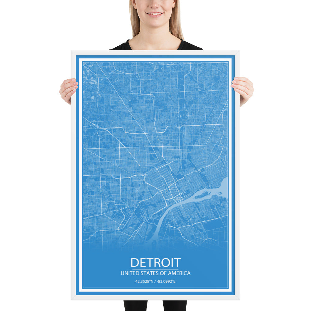 Detroit Blue and White Framed Map