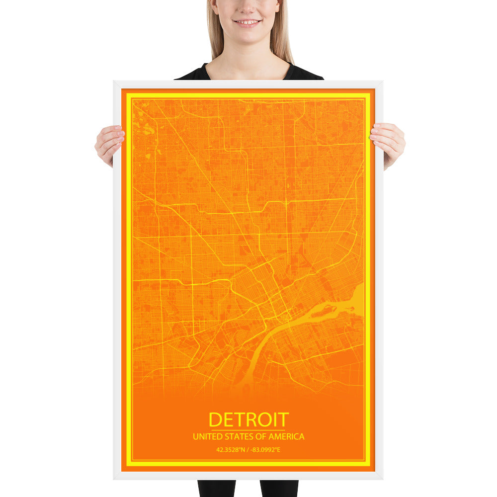 Detroit Orange and Yellow Framed Map