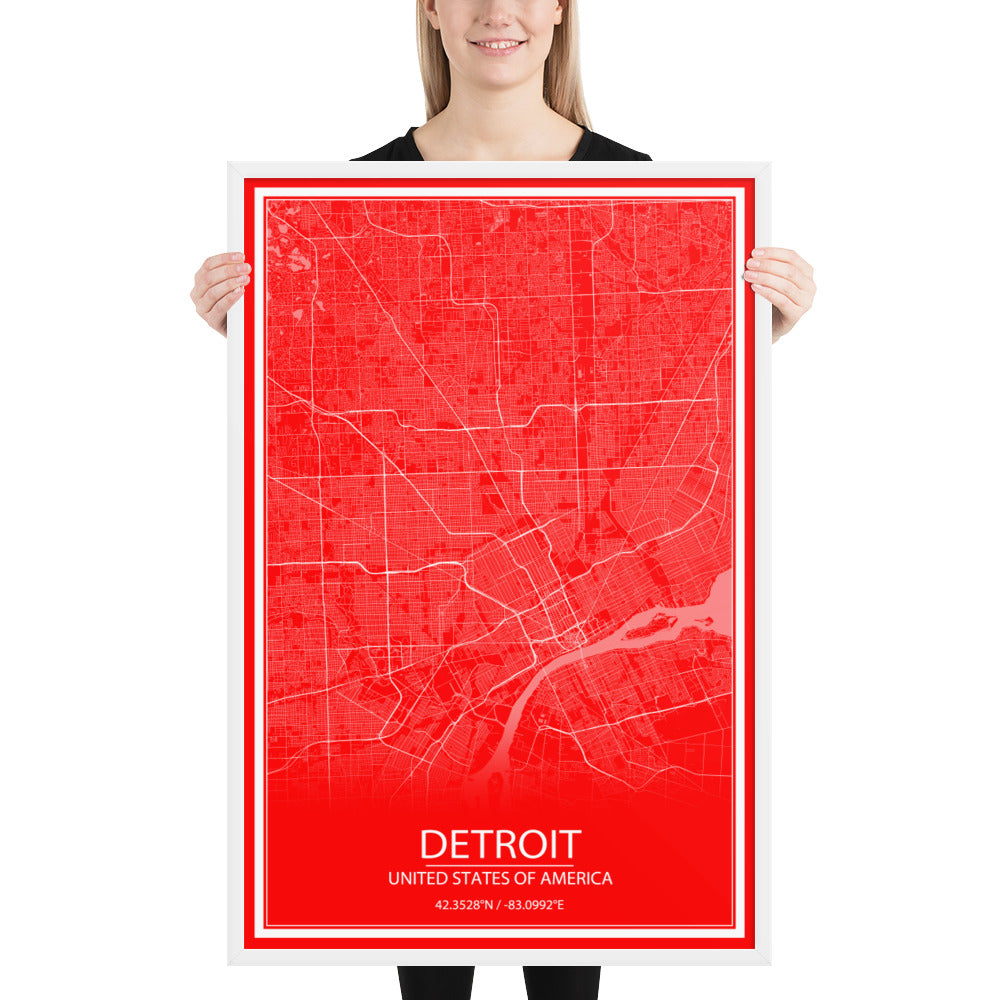 Detroit Red and White Framed Map