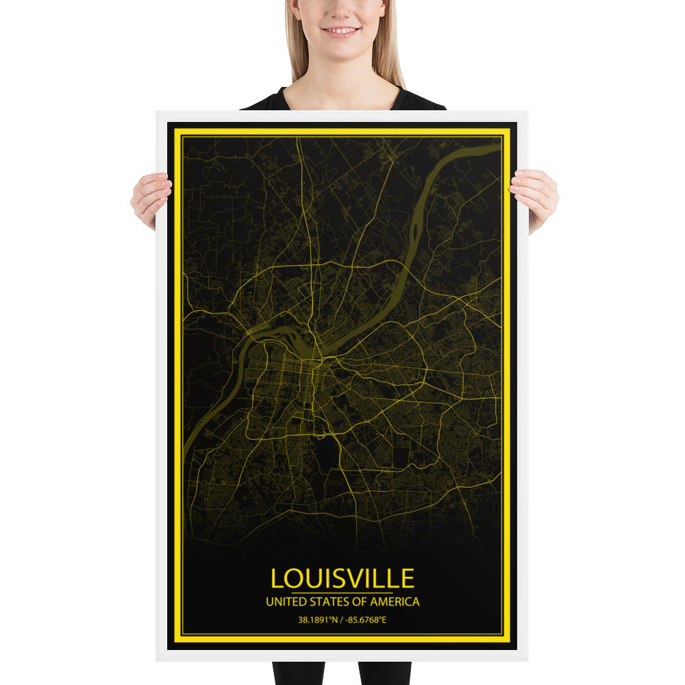 Louisville Black and Yellow Framed Map