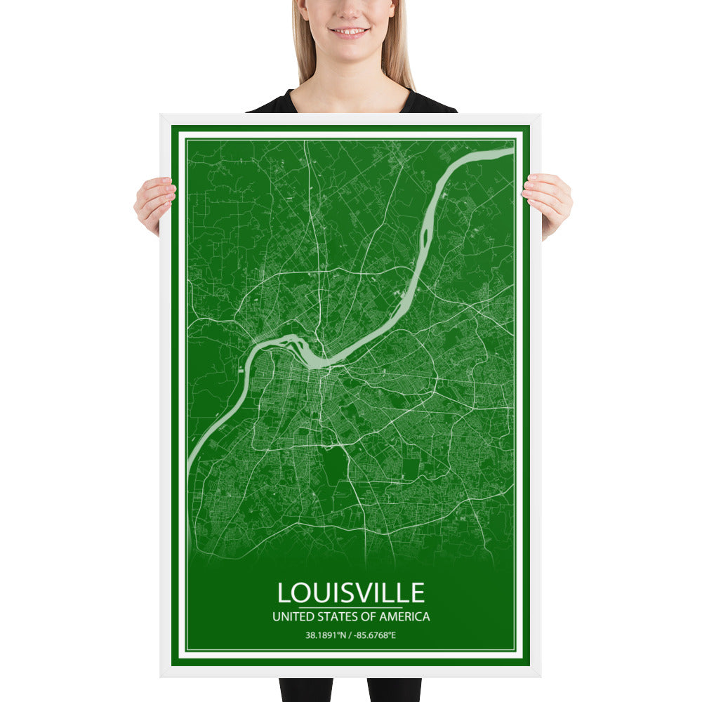 Louisville Green and White Framed Map