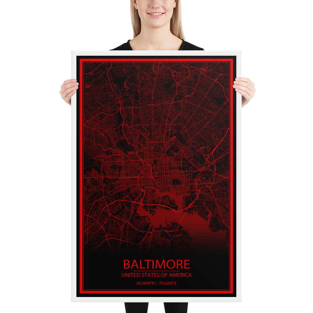 Baltimore Black and Red Framed Map