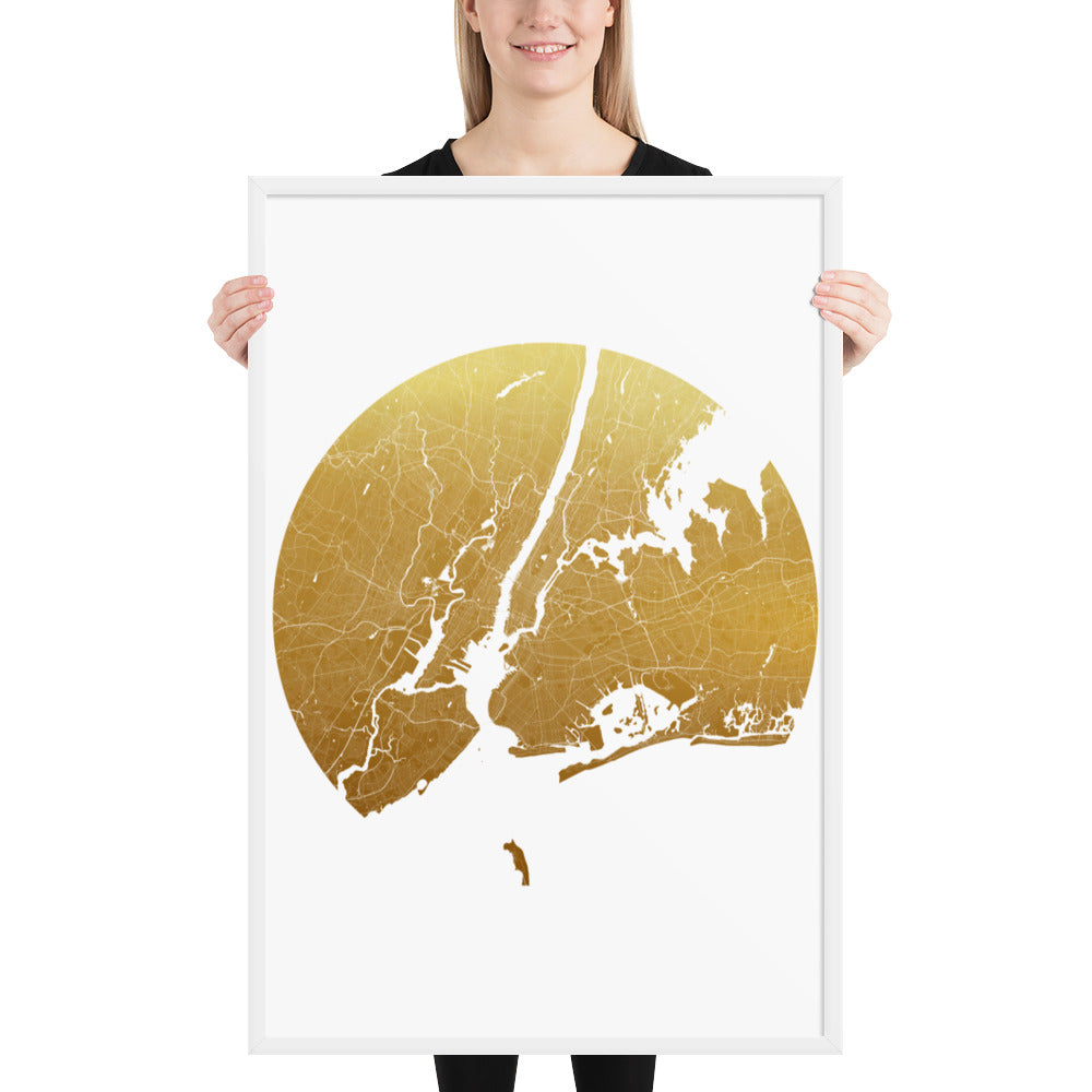 New York Gold on White Framed Map