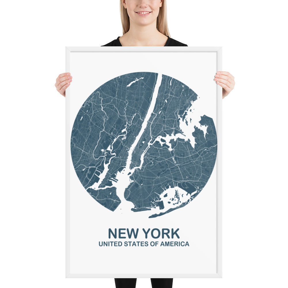 New York Circular Blue Framed Map