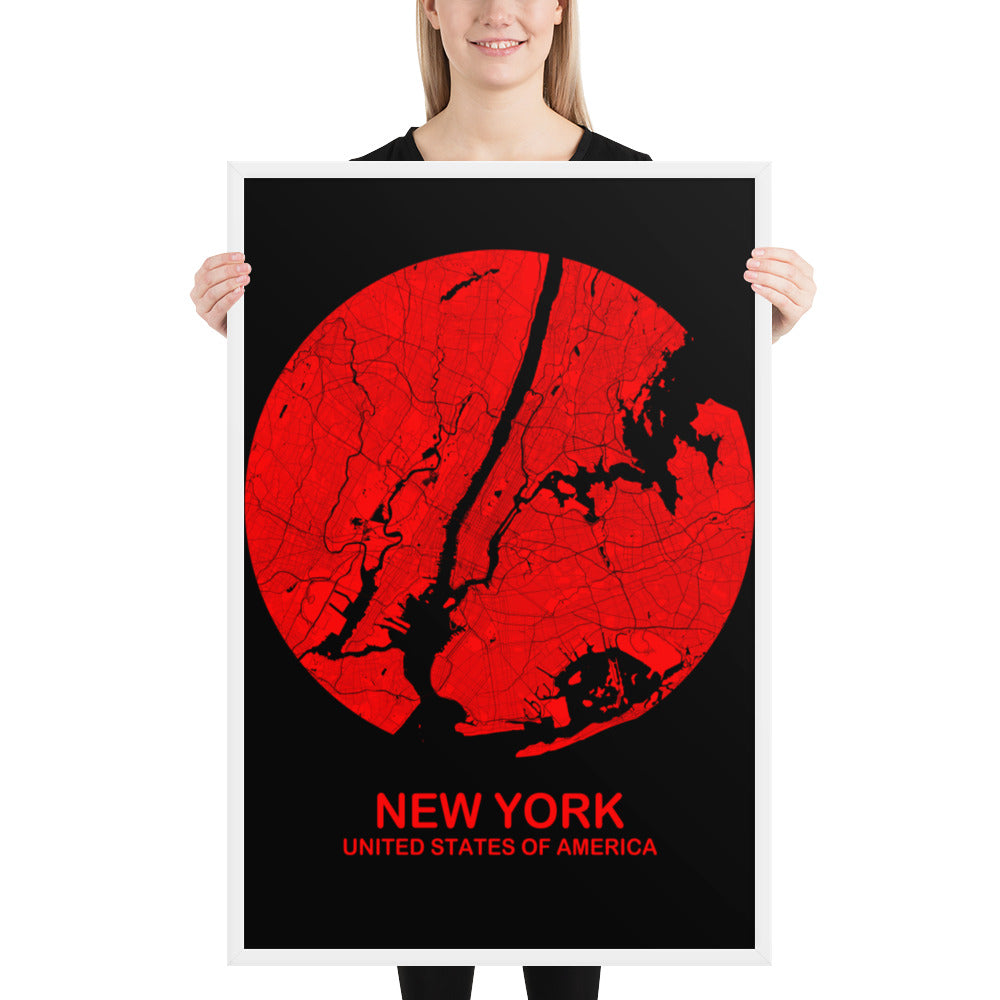 New York Circular Red Framed Map