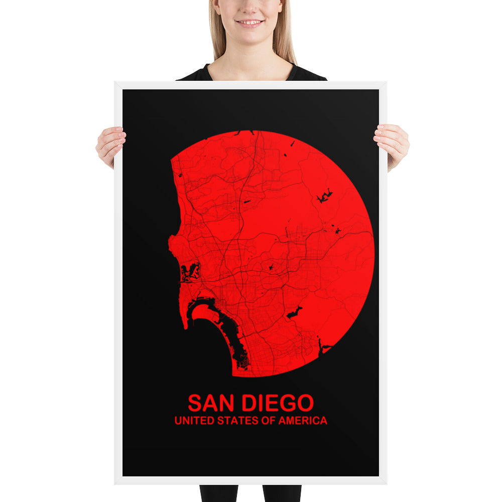 San Diego Circular Red Framed Map