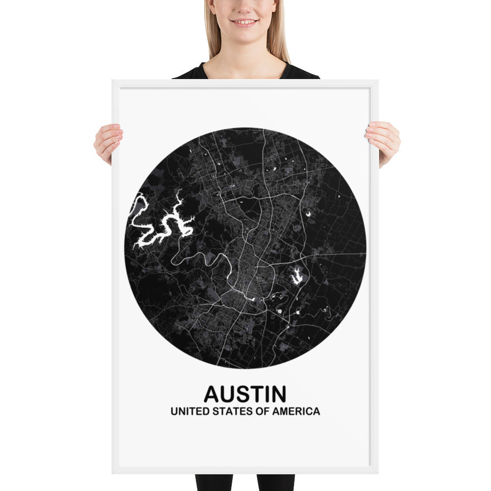 Austin Circular Black Framed Map