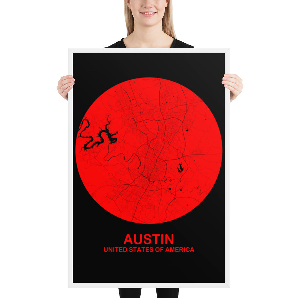 Austin Circular Red Framed Map