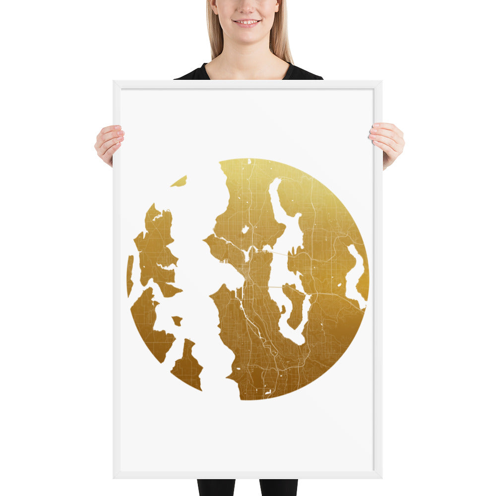 Seattle Gold on White Framed Map