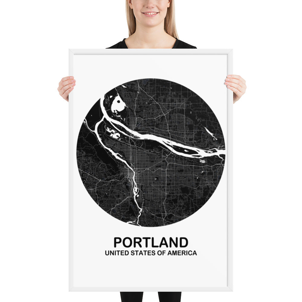 Portland Circular Black Framed Map