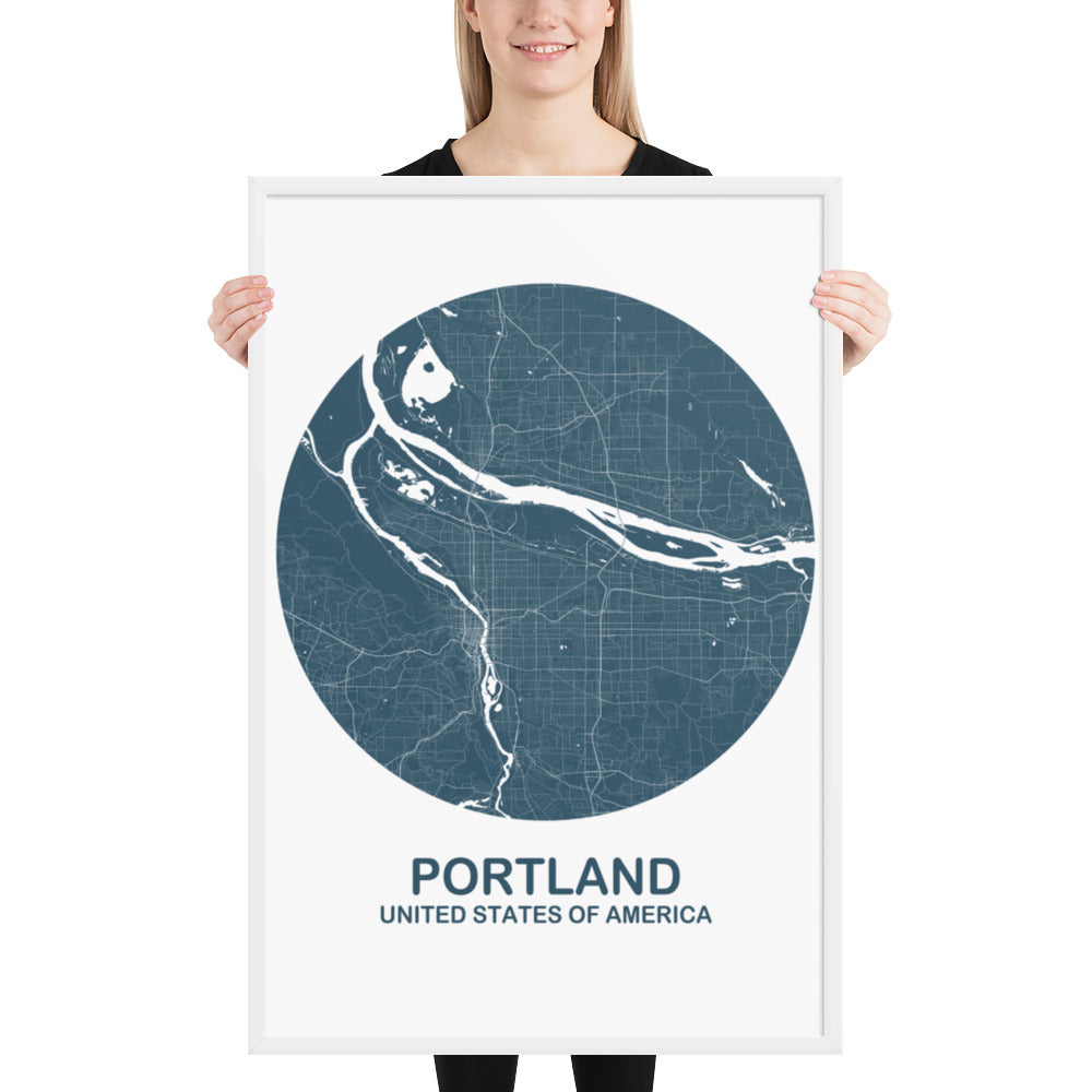 Portland Circular Blue Framed Map