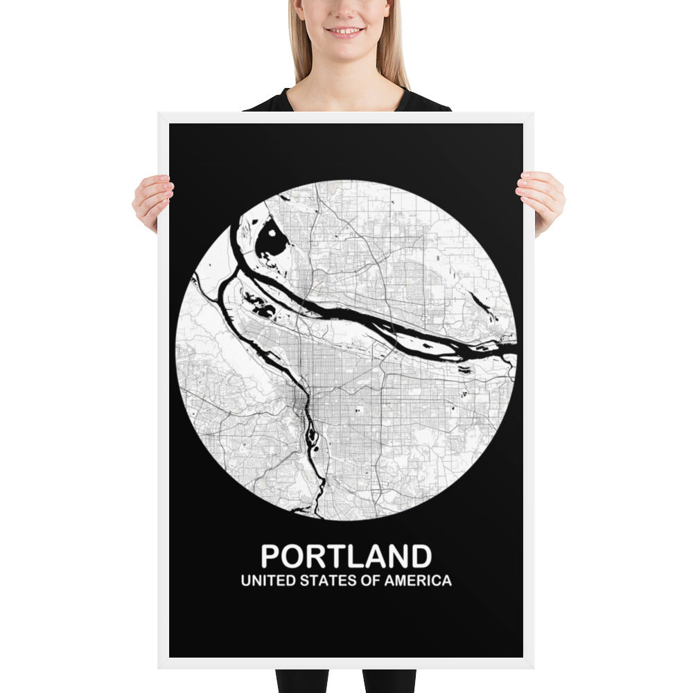 Portland Circular White Framed Map