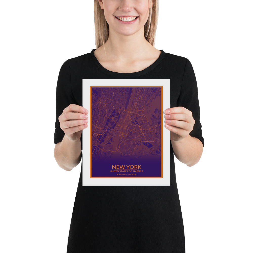 New York Purple and Orange Framed Map