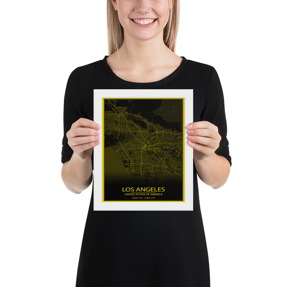 Los Angeles Black and Yellow Framed Map