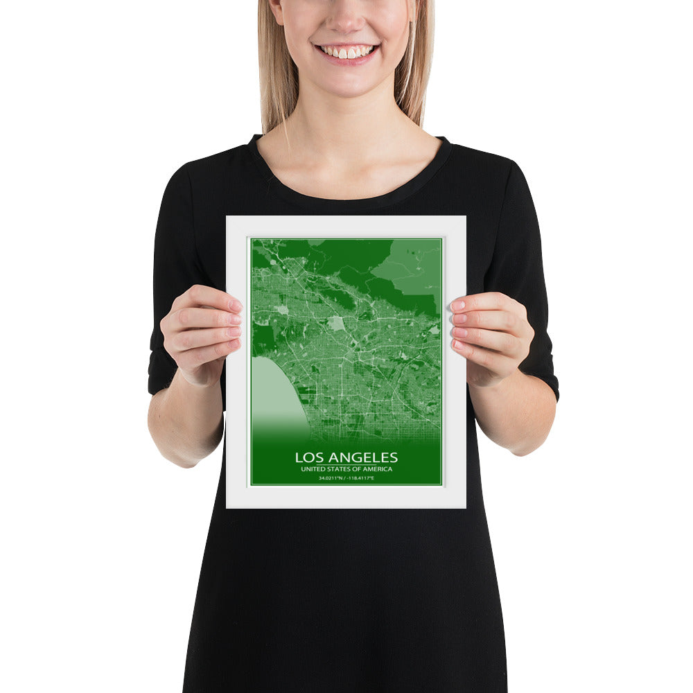 Los Angeles Green and White Framed Map