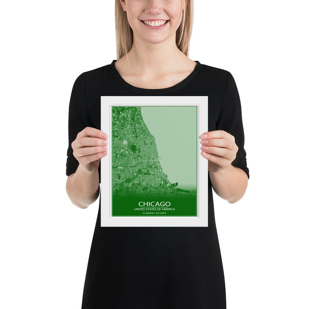 Chicago Green and White Framed Map