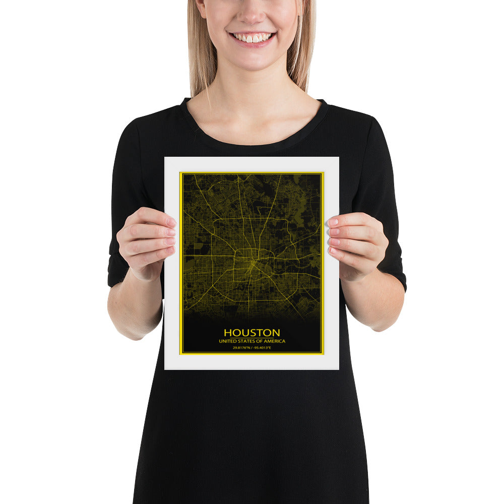 Houston Black and Yellow Framed Map