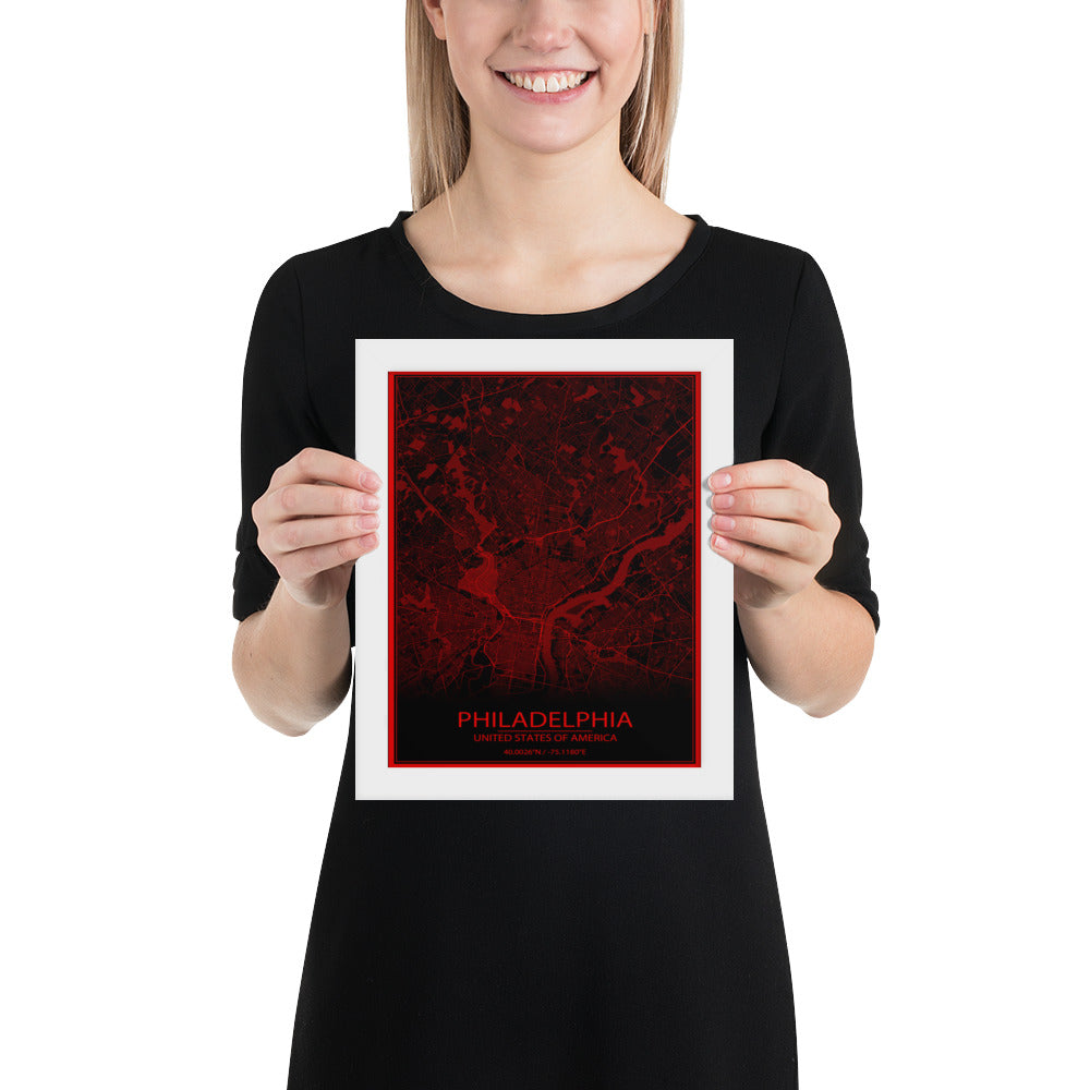 Philadelphia Black and Red Framed Map