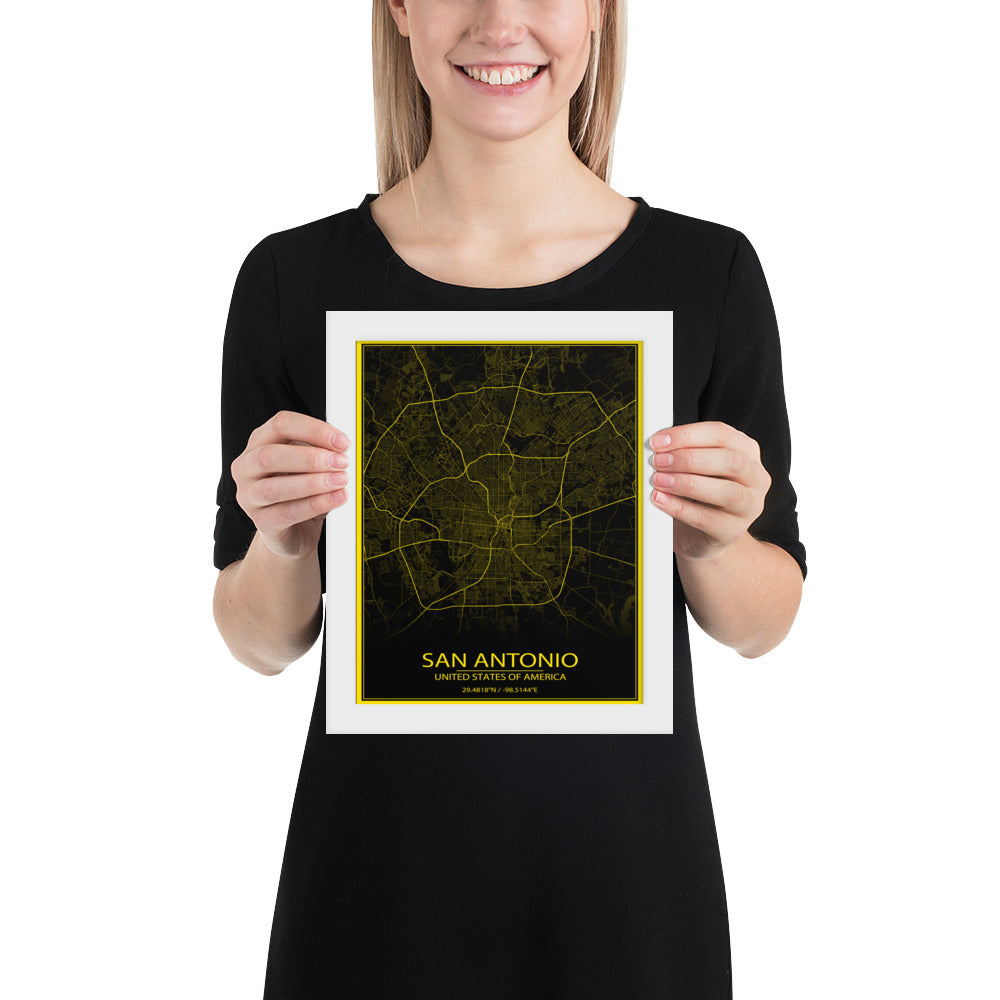 San Antonio Black and Yellow Framed Map