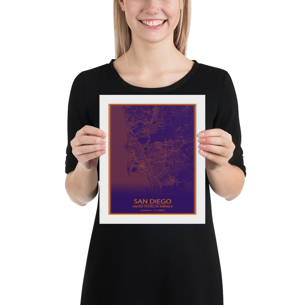 San Diego Purple and Orange Framed Map