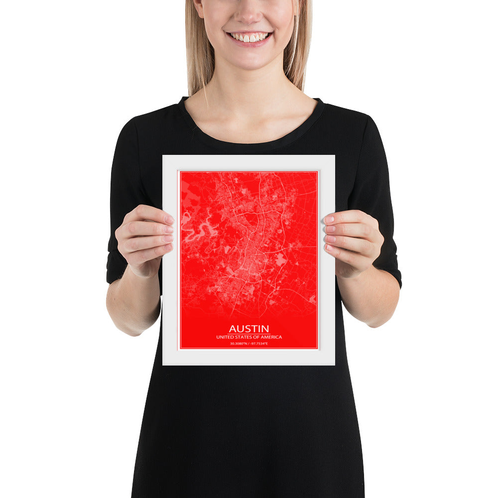 Austin Red and White Framed Map