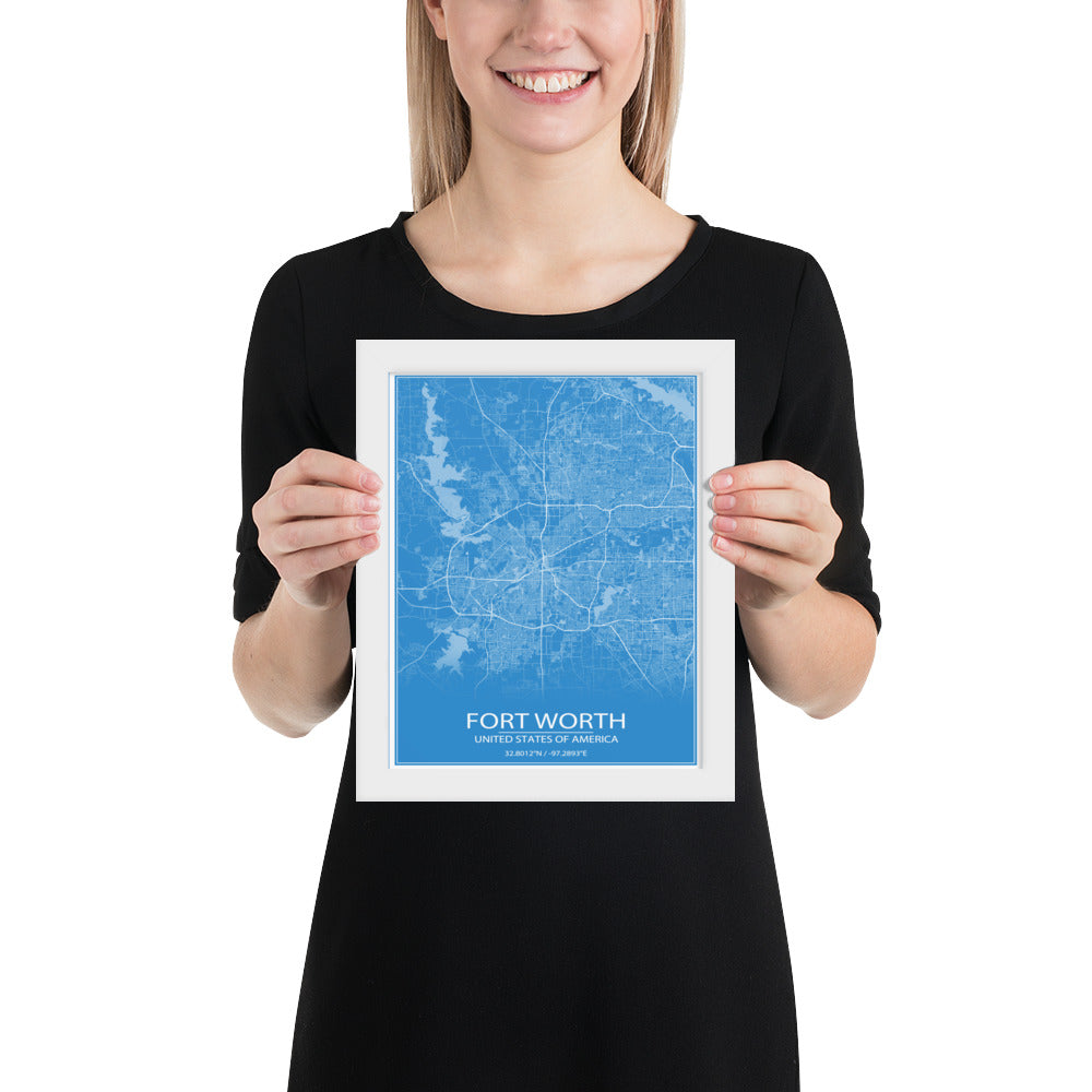 Fort Worth Blue and White Framed Map