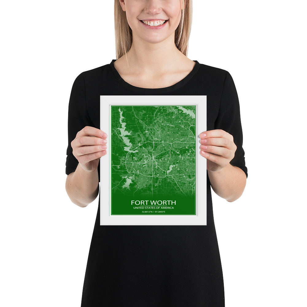 Fort Worth Green and White Framed Map