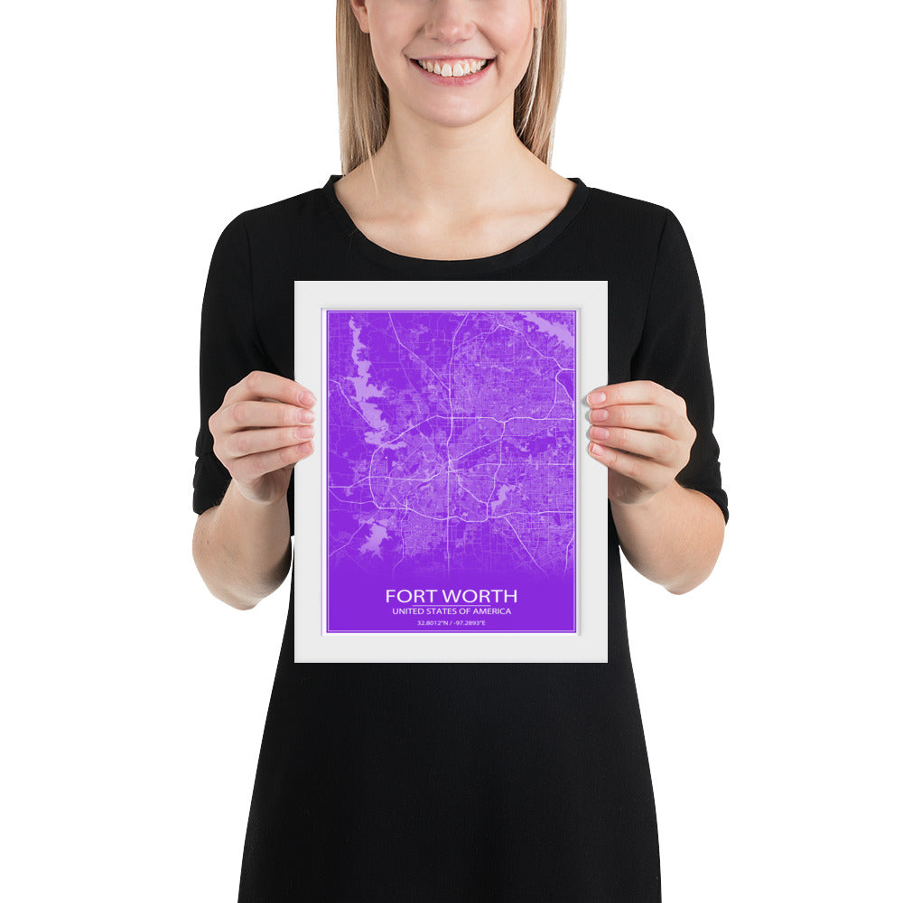 Fort Worth Purple and White Framed Map